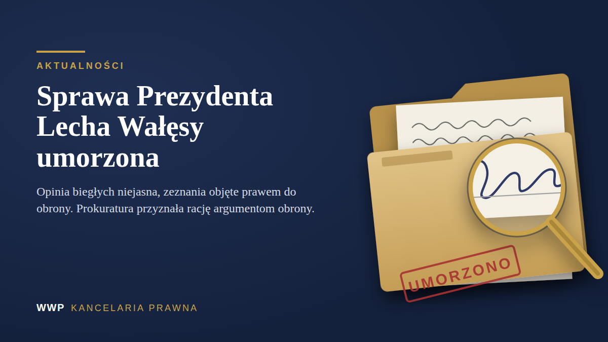 Teczka z dokumentem, lupa nad podpisem i stempel Umorzono